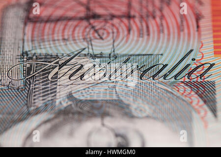 word ``Australia`` on twenty dollar banknote Stock Photo